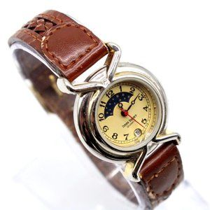 Vintage Time Square Watch Womens Silver Tone Moonphase Brown Leather Band